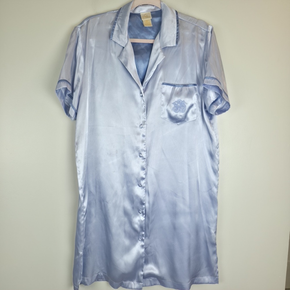 Women's Sophia By Delicates Satin Baby Blue Pajama Long Sleep Shirt Large.C130